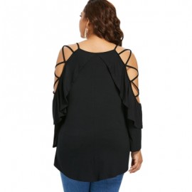 Plus Size Embroidery Applique Lattice Sleeve T-shirt (BLACK)