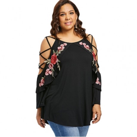 Plus Size Embroidery Applique Lattice Sleeve T-shirt (BLACK)