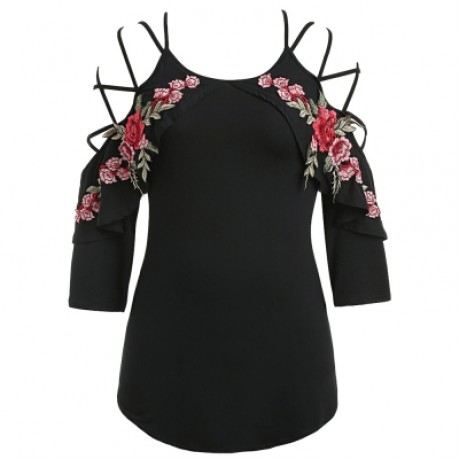 Plus Size Embroidery Applique Lattice Sleeve T-shirt (BLACK)