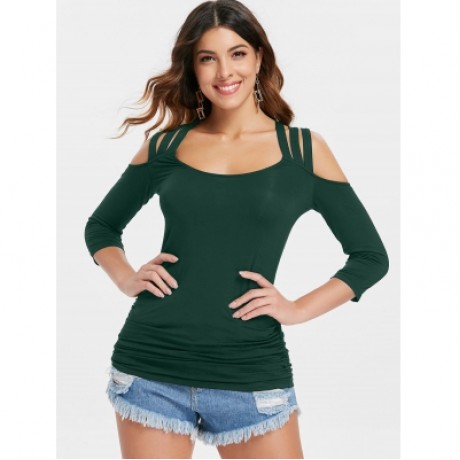 Three Quarter Sleeve Cut Out Back T-shirt (MEDIUM SEA GREEN)
