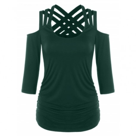 Three Quarter Sleeve Cut Out Back T-shirt (MEDIUM SEA GREEN)
