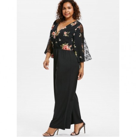 Plus Size Floral Surplice Jumpsuit (BLACK)