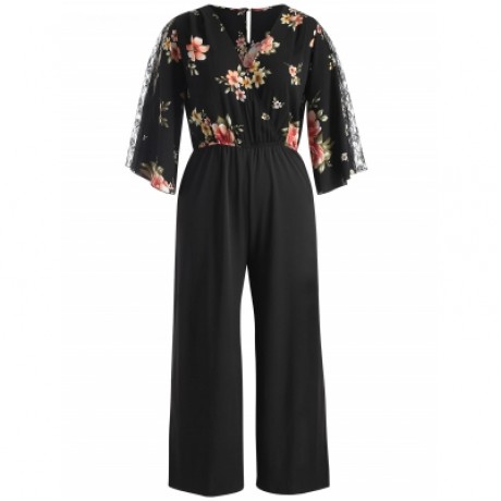 Plus Size Floral Surplice Jumpsuit (BLACK)