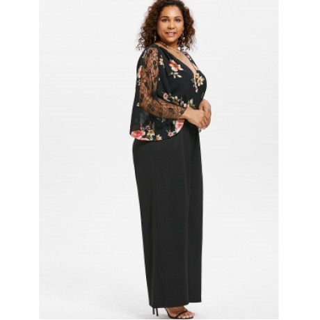 Plus Size Floral Surplice Jumpsuit (BLACK)