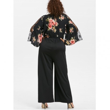 Plus Size Floral Surplice Jumpsuit (BLACK)