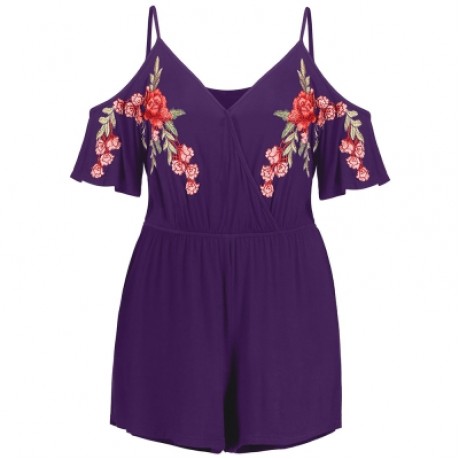 Plus Size Embroidery Cold Shoulder Romper (PURPLE IRIS)