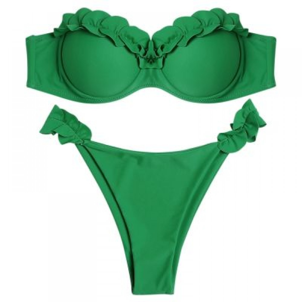 Sexy Strapless Padded Underwire Ruffle Solid Color Low Waist Women Bikini Set (DEEP GREEN)