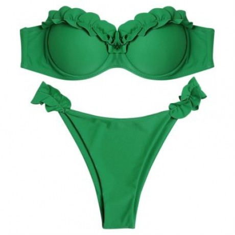 Sexy Strapless Padded Underwire Ruffle Solid Color Low Waist Women Bikini Set (DEEP GREEN)