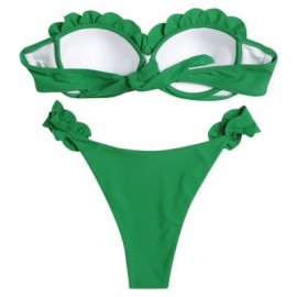 Sexy Strapless Padded Underwire Ruffle Solid Color Low Waist Women Bikini Set (DEEP GREEN)
