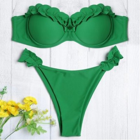 Sexy Strapless Padded Underwire Ruffle Solid Color Low Waist Women Bikini Set (DEEP GREEN)
