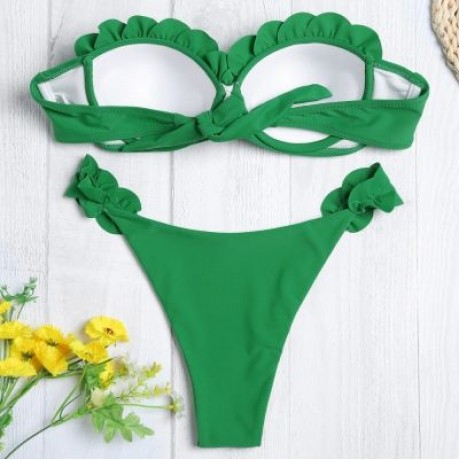Sexy Strapless Padded Underwire Ruffle Solid Color Low Waist Women Bikini Set (DEEP GREEN)