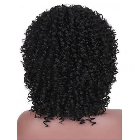 Medium Neat Bang Afro Kinky Curly Synthetic Wig (NATURAL BLACK)