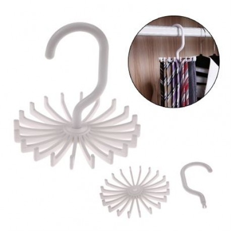 Rotating 20 Hooks Belt Neck Men Tie Holder Rack Hanger Organizer Space Saving (WHITE)