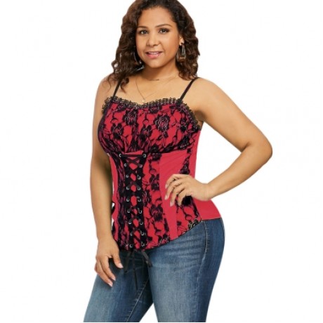 Plus Size Ruffle Trim Lace Up Floral Tank Top (RED)
