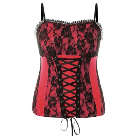 Plus Size Ruffle Trim Lace Up Floral Tank Top (RED)