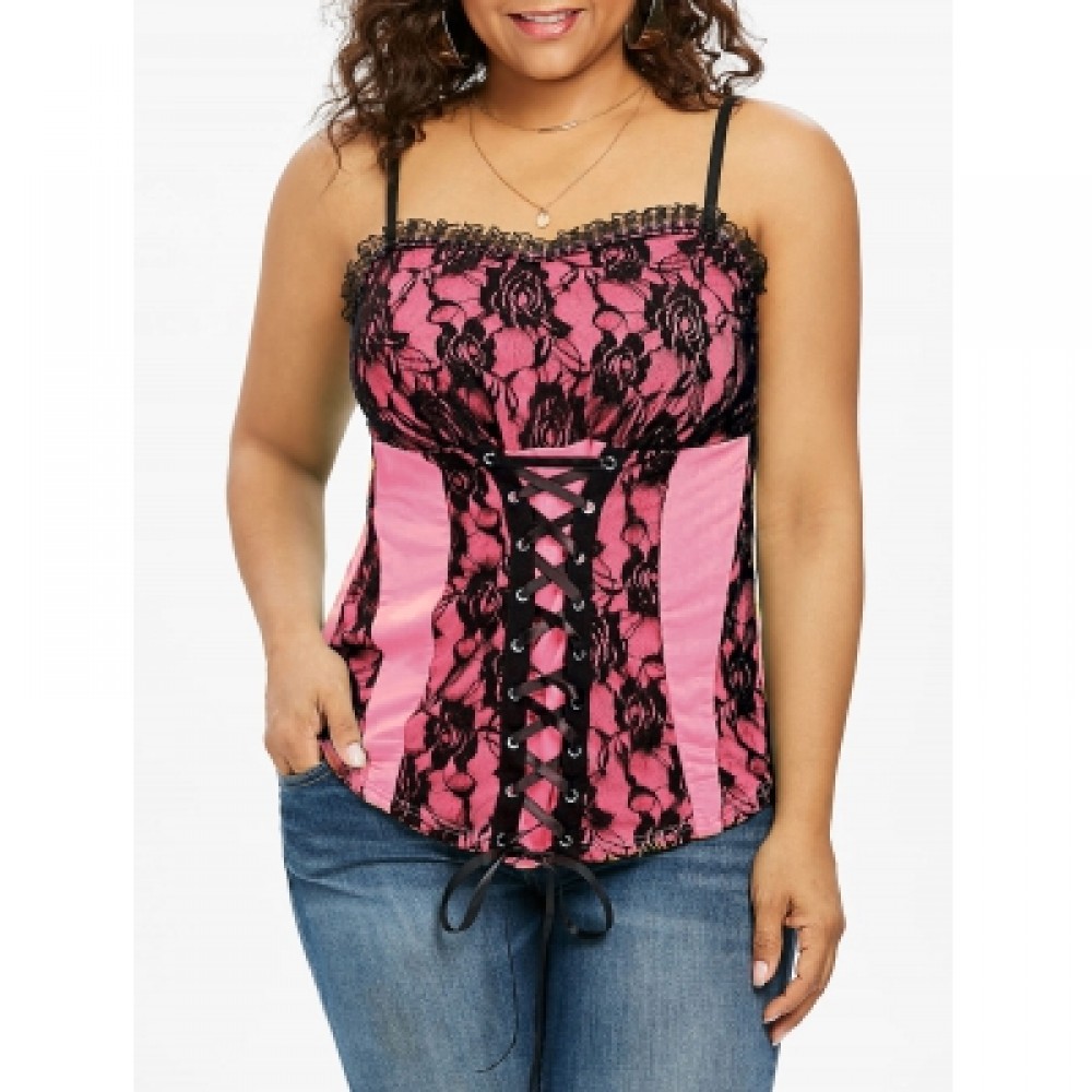 Plus Size Ruffle Trim Lace Up Floral Tank Top (LIGHT PINK)