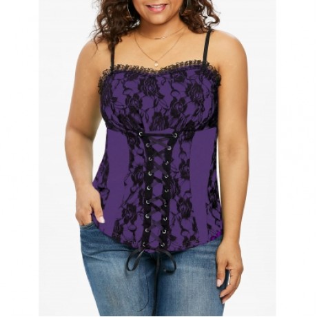 Plus Size Ruffle Trim Lace Up Floral Tank Top (PURPLE IRIS)
