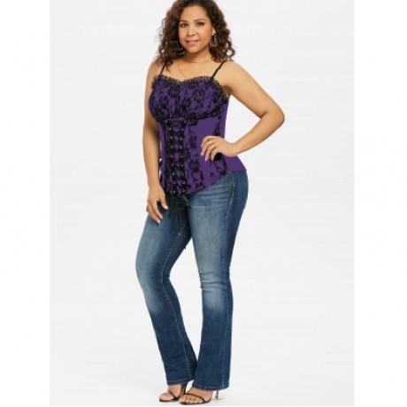 PLUS SIZE RUFFLE TRIM LACE UP FLORAL TANK TOP (PURPLE IRIS)