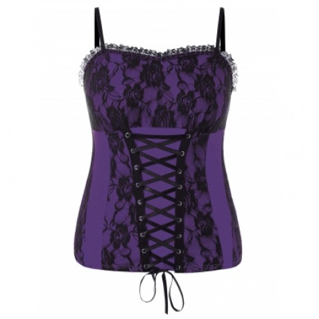 PLUS SIZE RUFFLE TRIM LACE UP FLORAL TANK TOP (PURPLE IRIS)