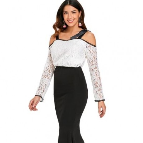 Self Tie Cold Shoulder Lace Blouse (WHITE)