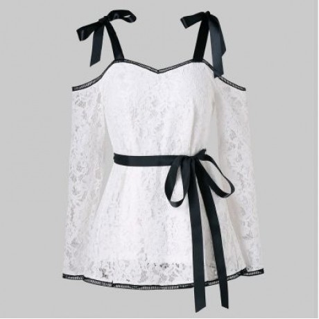 Self Tie Cold Shoulder Lace Blouse (WHITE)