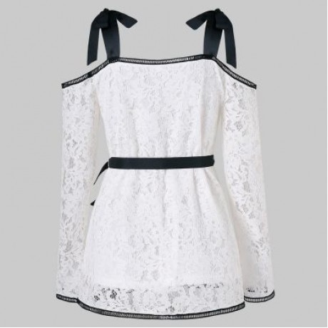 Self Tie Cold Shoulder Lace Blouse (WHITE)