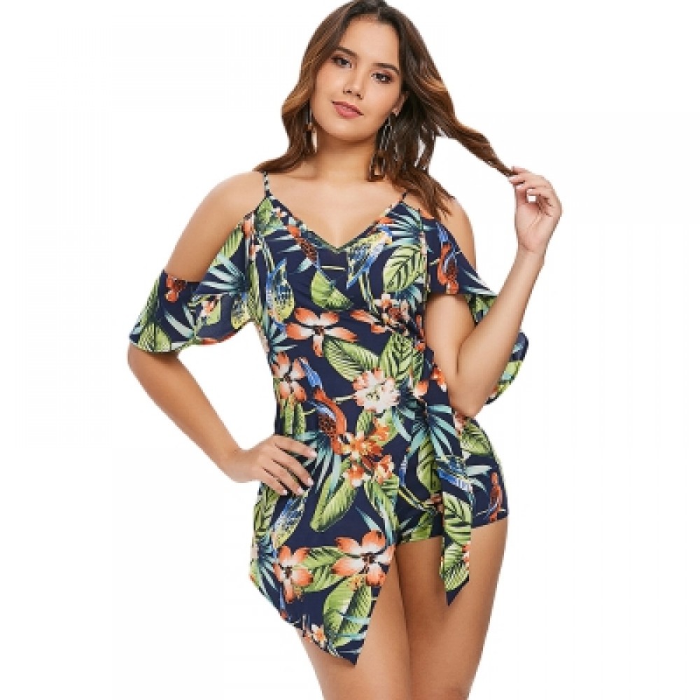Tropical Print Cold Shoulder Wrap Romper (MULTI)