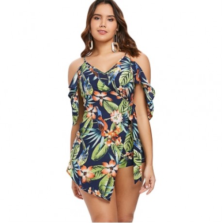 Tropical Print Cold Shoulder Wrap Romper (MULTI)