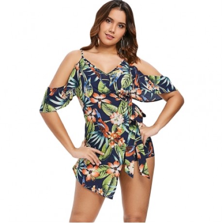 Tropical Print Cold Shoulder Wrap Romper (MULTI)