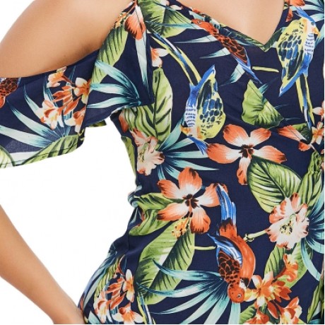 Tropical Print Cold Shoulder Wrap Romper (MULTI)
