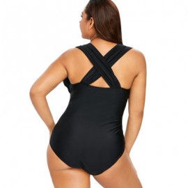 Back Criss Cross Plus Size Ruched Swimwear (BLACK)