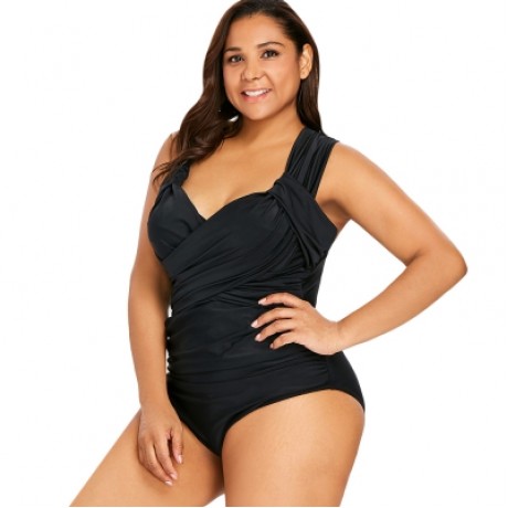 Back Criss Cross Plus Size Ruched Swimwear (BLACK)