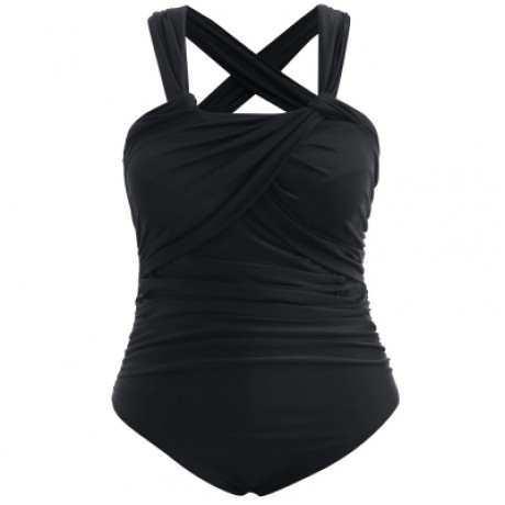 Back Criss Cross Plus Size Ruched Swimwear (BLACK)