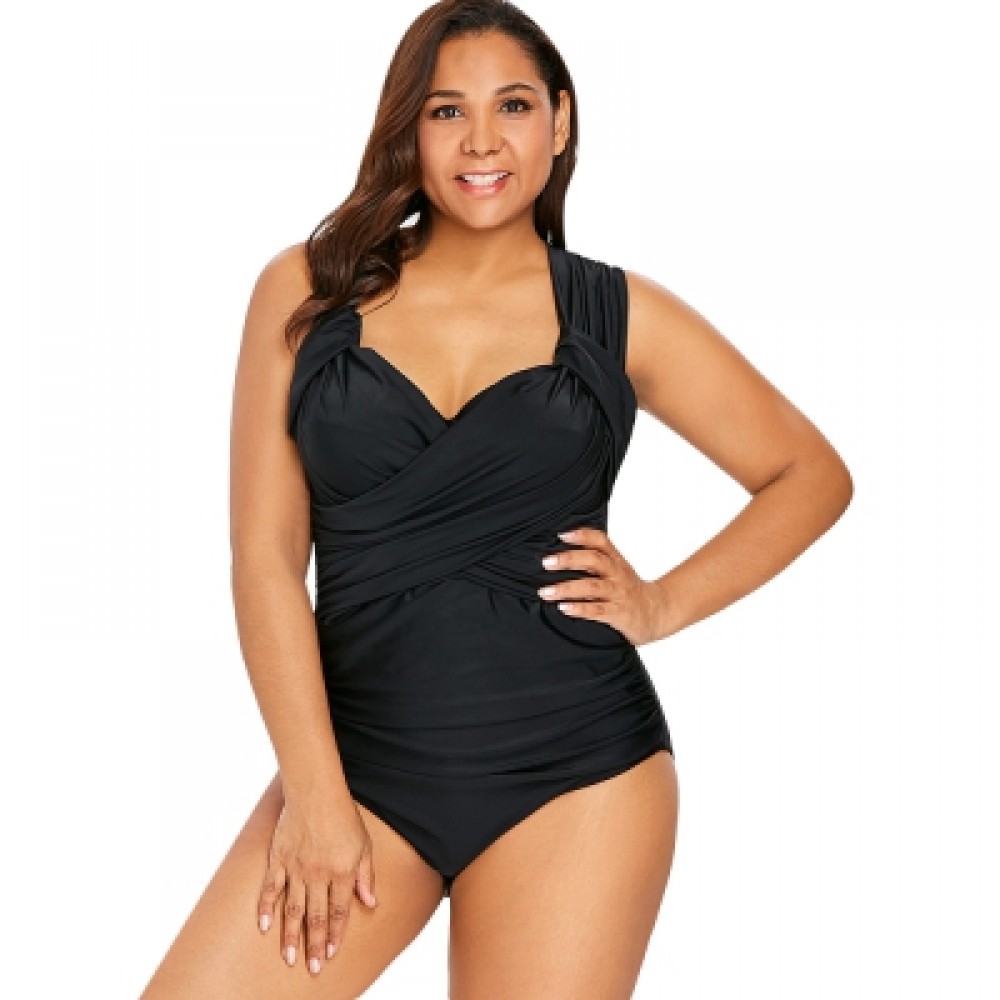 Back Criss Cross Plus Size Ruched Swimwear (BLACK)
