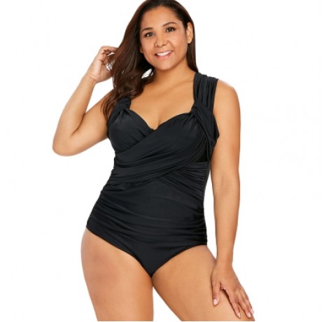 Back Criss Cross Plus Size Ruched Swimwear (BLACK)