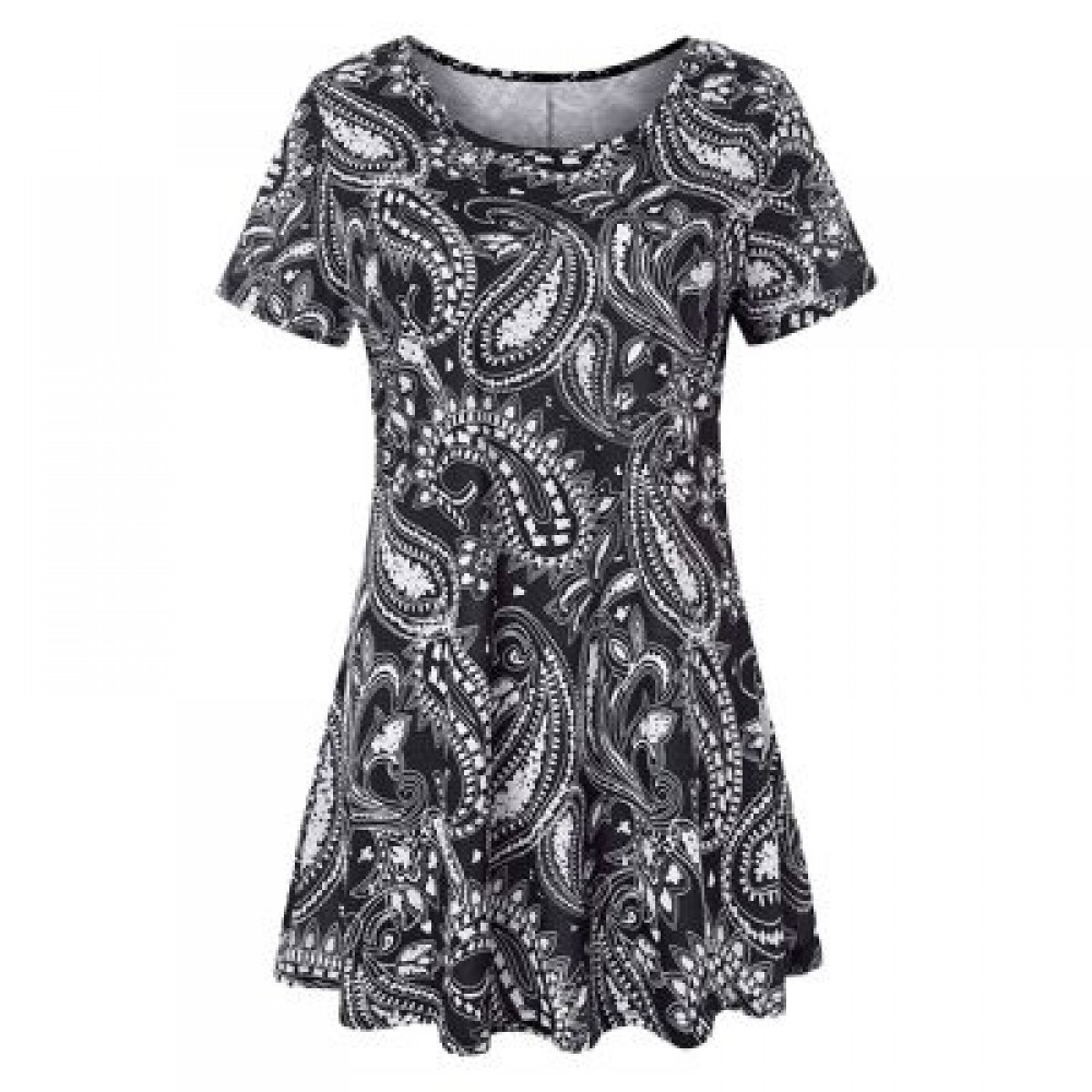 Trendy Round Collar Short Sleeve Ethnic Print Women T-shirt Dress (BLACK)