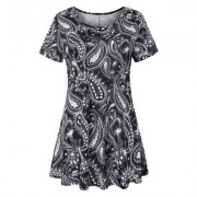 Trendy Round Collar Short Sleeve Ethnic Print Women T-shirt Dress (BLACK)