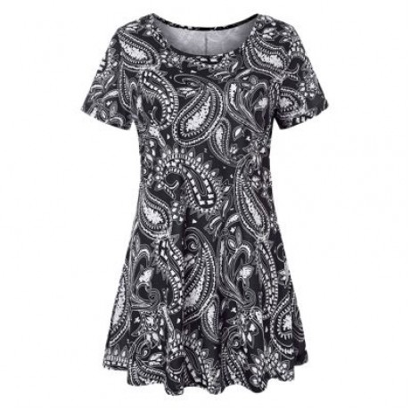 Trendy Round Collar Short Sleeve Ethnic Print Women T-shirt Dress (BLACK)
