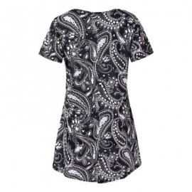 Trendy Round Collar Short Sleeve Ethnic Print Women T-shirt Dress (BLACK)