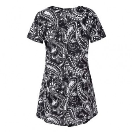 Trendy Round Collar Short Sleeve Ethnic Print Women T-shirt Dress (BLACK)