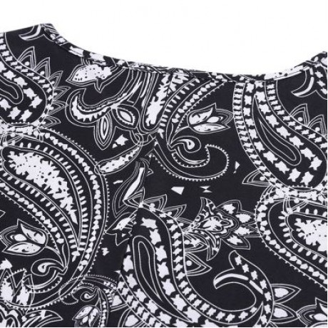Trendy Round Collar Short Sleeve Ethnic Print Women T-shirt Dress (BLACK)