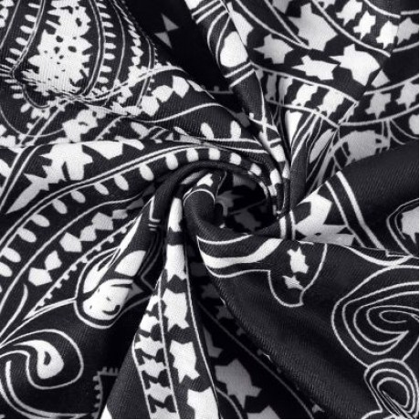 Trendy Round Collar Short Sleeve Ethnic Print Women T-shirt Dress (BLACK)