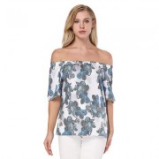 Sexy Off The Shoulder Short Sleeve Ethnic Print Women Satin Blouse (BLUE DIAMOND)