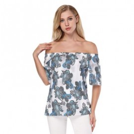 Sexy Off The Shoulder Short Sleeve Ethnic Print Women Satin Blouse (BLUE DIAMOND)