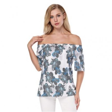 Sexy Off The Shoulder Short Sleeve Ethnic Print Women Satin Blouse (BLUE DIAMOND)