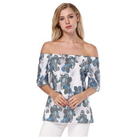 Sexy Off The Shoulder Short Sleeve Ethnic Print Women Satin Blouse (BLUE DIAMOND)