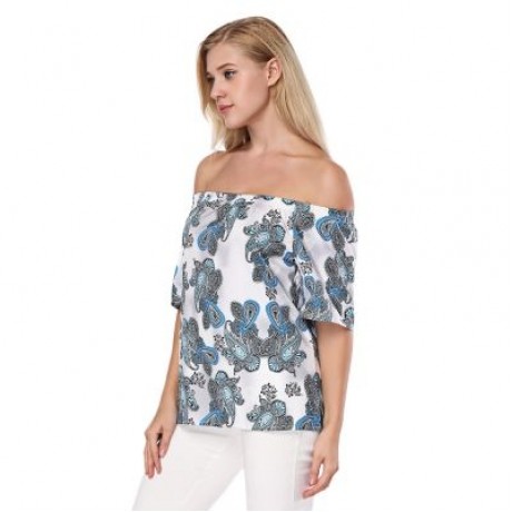 Sexy Off The Shoulder Short Sleeve Ethnic Print Women Satin Blouse (BLUE DIAMOND)