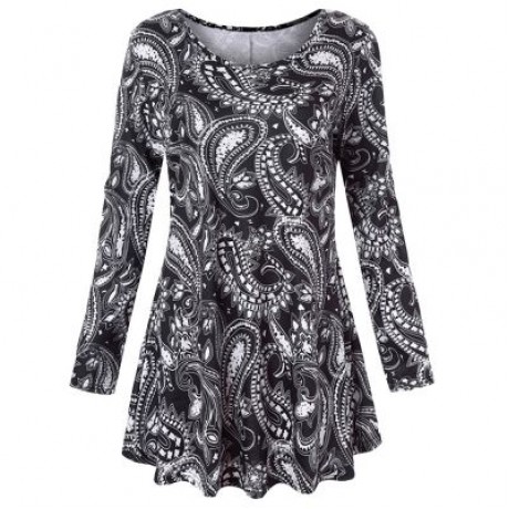 Trendy Round Collar Long Sleeve Ethnic Print Women T-shirt Dress (BLACK)