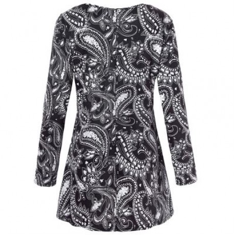 Trendy Round Collar Long Sleeve Ethnic Print Women T-shirt Dress (BLACK)