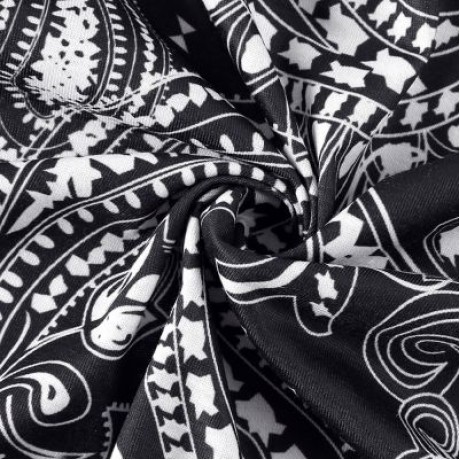 Trendy Round Collar Long Sleeve Ethnic Print Women T-shirt Dress (BLACK)